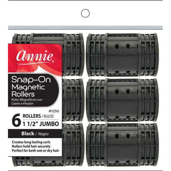 Annie International:Annie Snap-On Magnetic Rollers Jumbo 1 1/2in, 6 Count Hair Rollers, Black