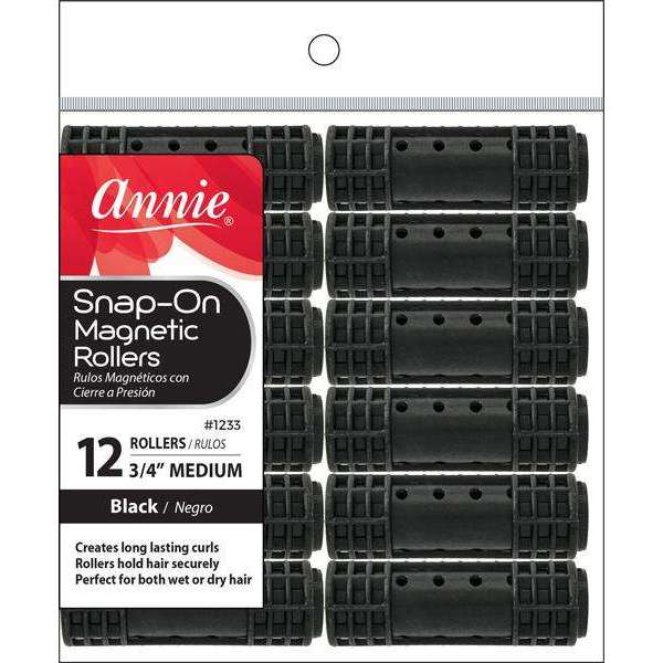 Annie International:Annie Snap-On Magnetic Rollers Medium 3/4in, 12 Count Hair Curlers, Black