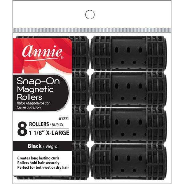 Annie International:Annie Snap-On Magnetic Rollers X-Large 1 1/8in, 8 Count Hair Curlers, Black