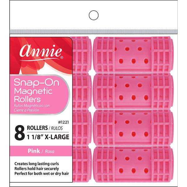 Annie International:Annie Snap-On Magnetic Rollers 1 1/8in, 8 Count X-Large Hair Curlers, Pink