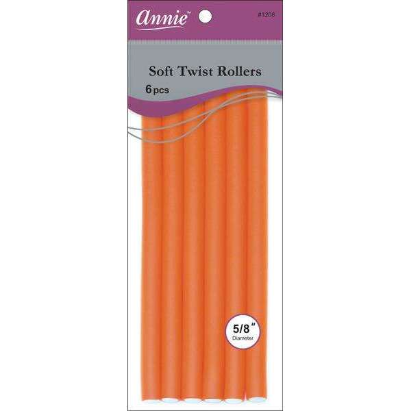 Six extra-long orange soft twist hair rollers measuring five-eighths inch in diameter, designed for gentle, snag-free styling on textured, natural, and multicultural hair.