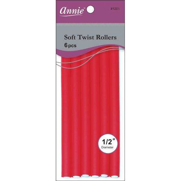 Package of six bright red soft twist rollers with a 1/2 inch diameter, designed by Annie for gentle, snag-free styling on textured and multicultural hair.