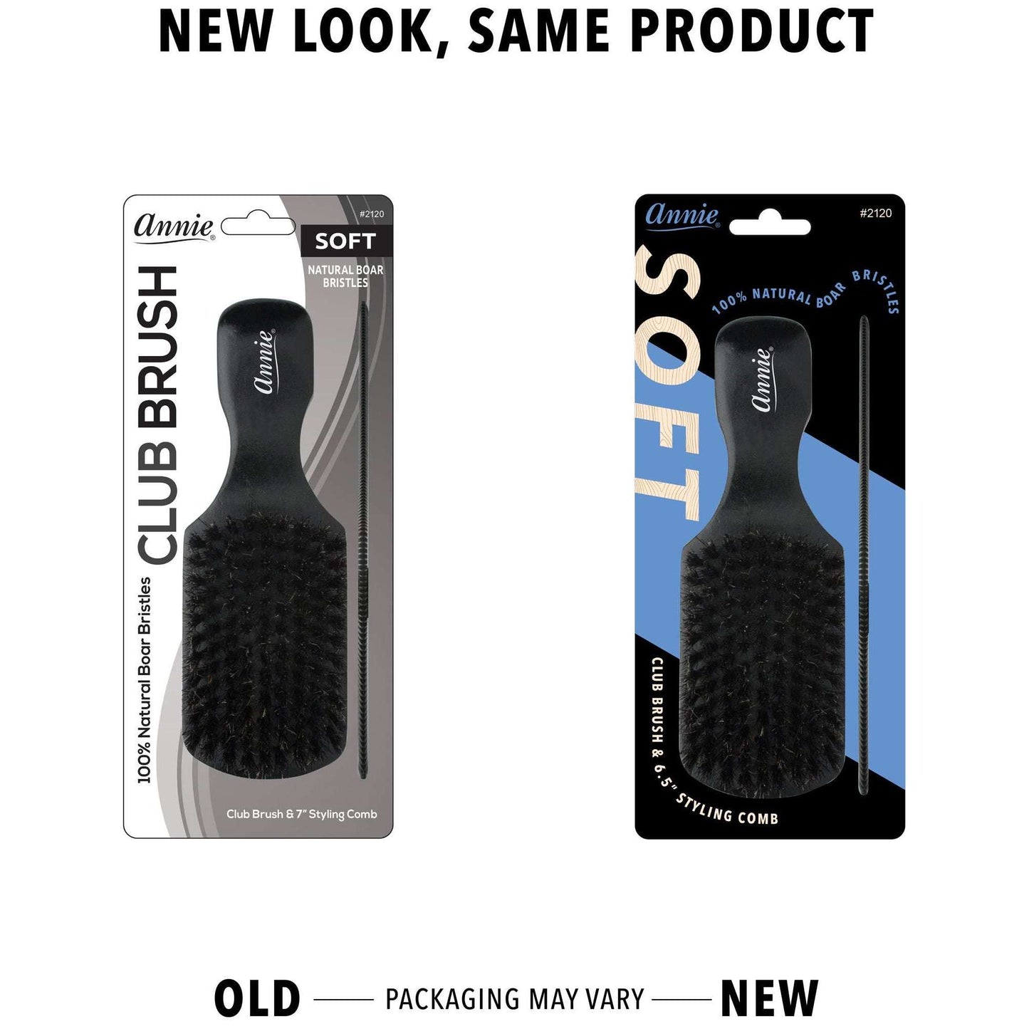 Annie International:Annie Soft Wood Club Boar Bristle Brush With Comb 7 in