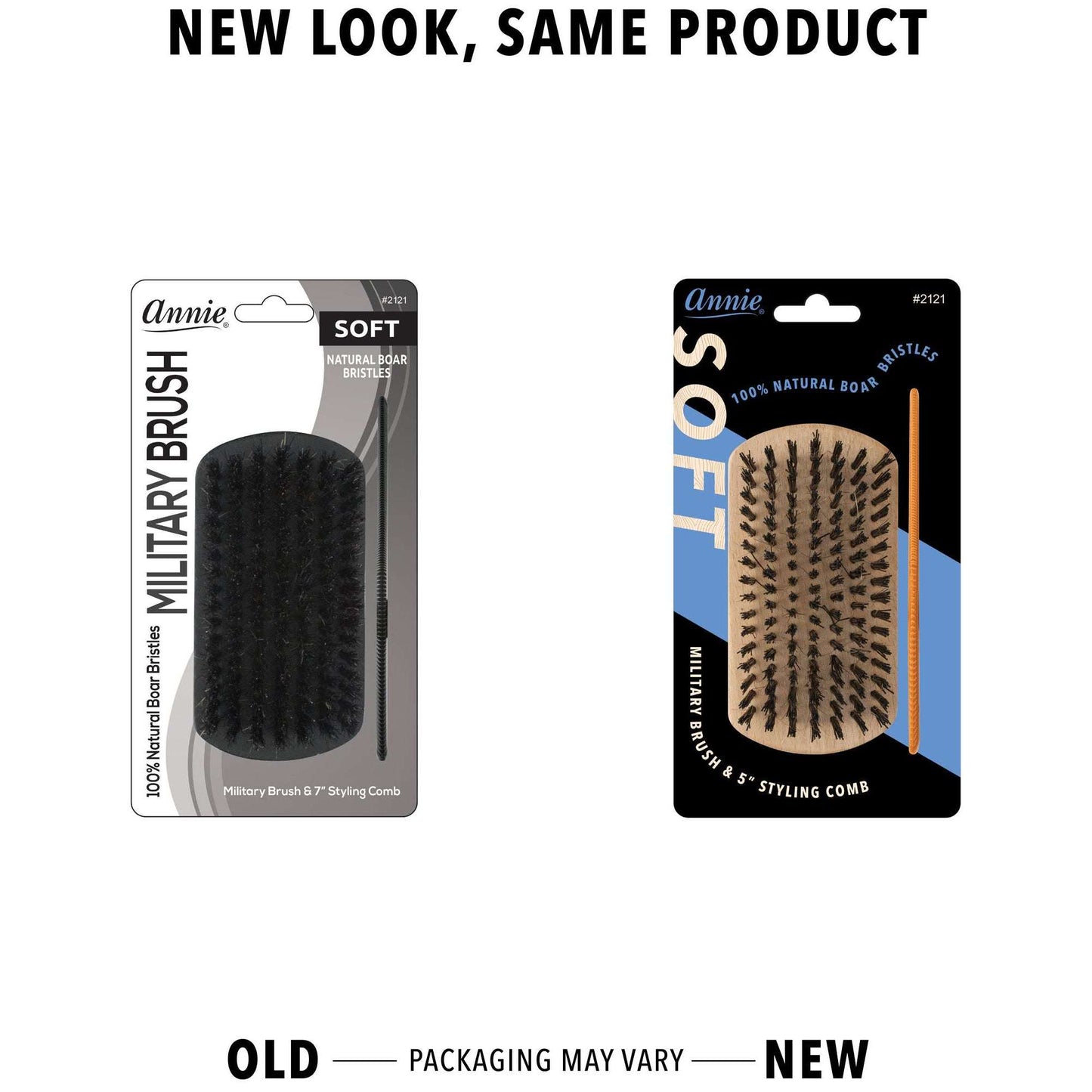 Annie International:Annie Soft Wood Military Boar Bristle Brush with Comb 4.8 in