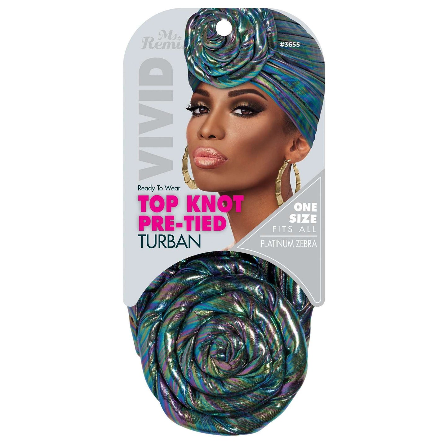 Ms. Remi Vivid Top Knot Pre-Tied Turban Platinum Zebra Turban Ms. Remi