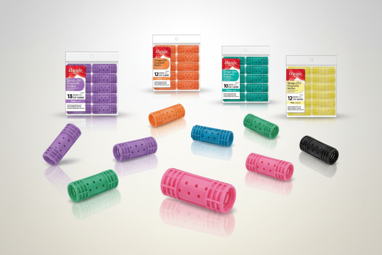 Snap-on hair rollers curlers being used on various hair types