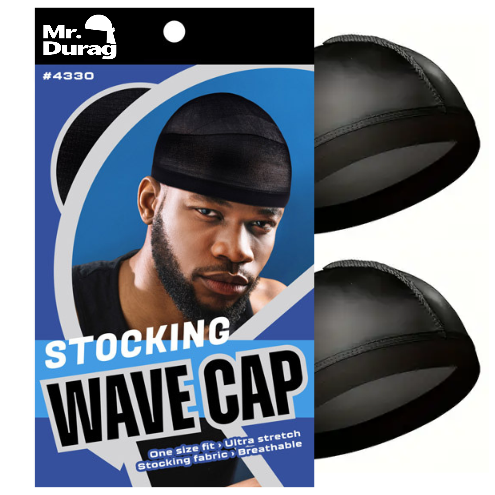 Mr. Durag Stocking Wave Cap 2Pc in black, breathable stretch fabric with wide band for comfortable fit