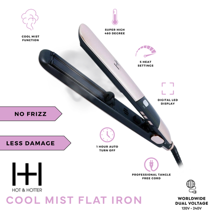 Hot & Hotter Cool Mist Flat Iron 1 inch rose gold with 5 heat settings, digital display, and professional tangle-free cord.