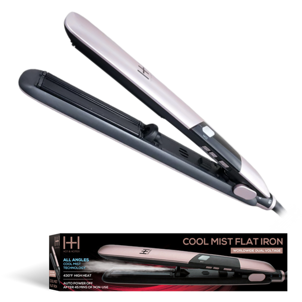Hot & Hotter Cool Mist Flat Iron 1 inch in rose gold with 3D ceramic floating plates and digital controls shown with packaging box