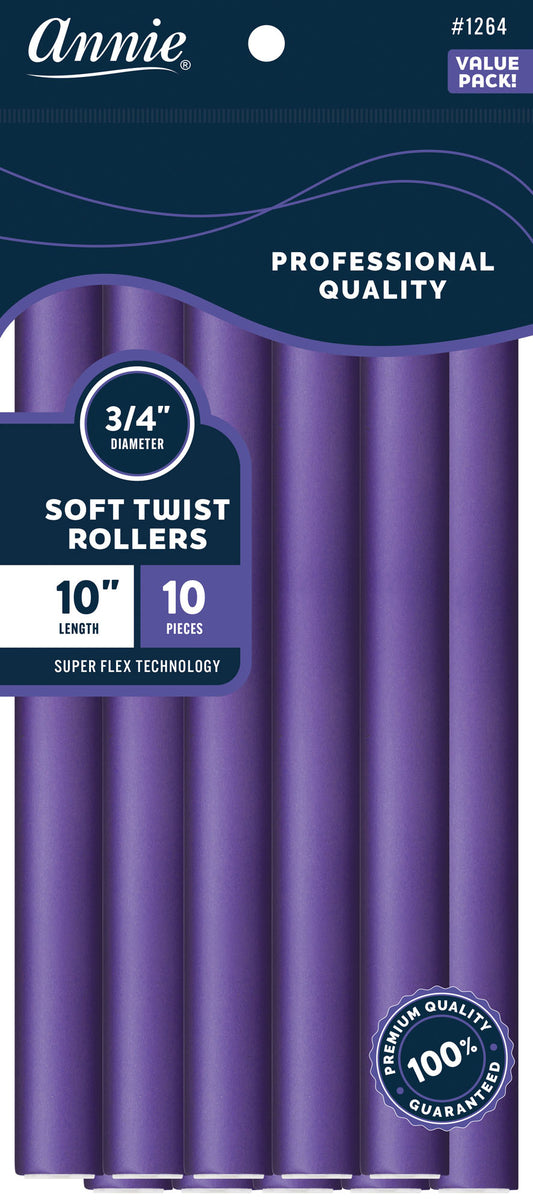 Annie Soft Twist Rollers, 10 Inch Long, 3/4 Inch Diameter, 10 Count Value Pack, Purple