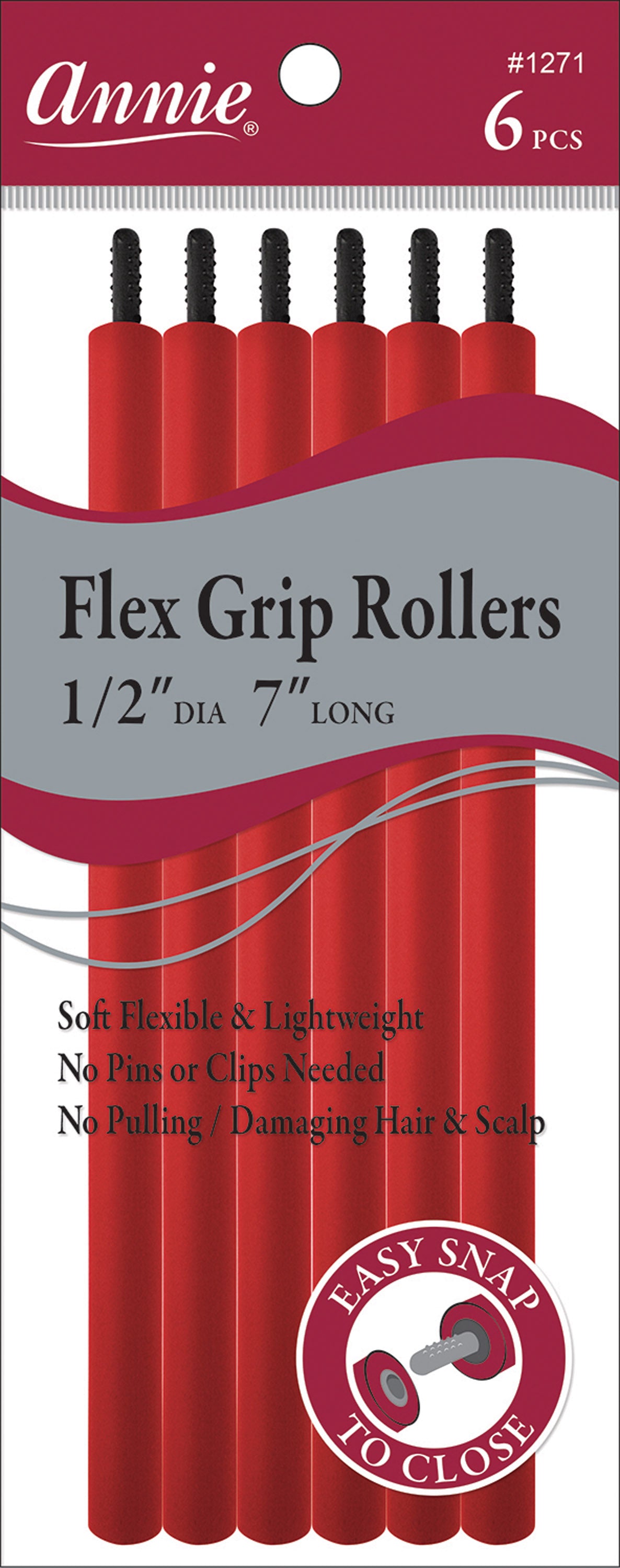 Annie Flex Grip Ruleros para Cabello 1/2 Pulgada, 6 Unidades, Rojo
