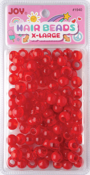 Joy Round Hair Beads X-Large, 100 Count, Two Tone Vivid Red featuring translucent red two-tone round beads designed for decorative hairstyles, packaged on playful pink card.