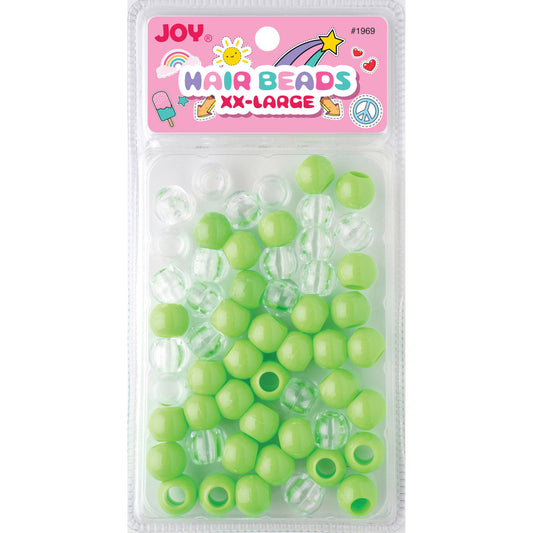 Joy Round Plastic Beads XX-Large Lime Green in packaging, mix of solid lime green and clear plastic beads for braids or locs.