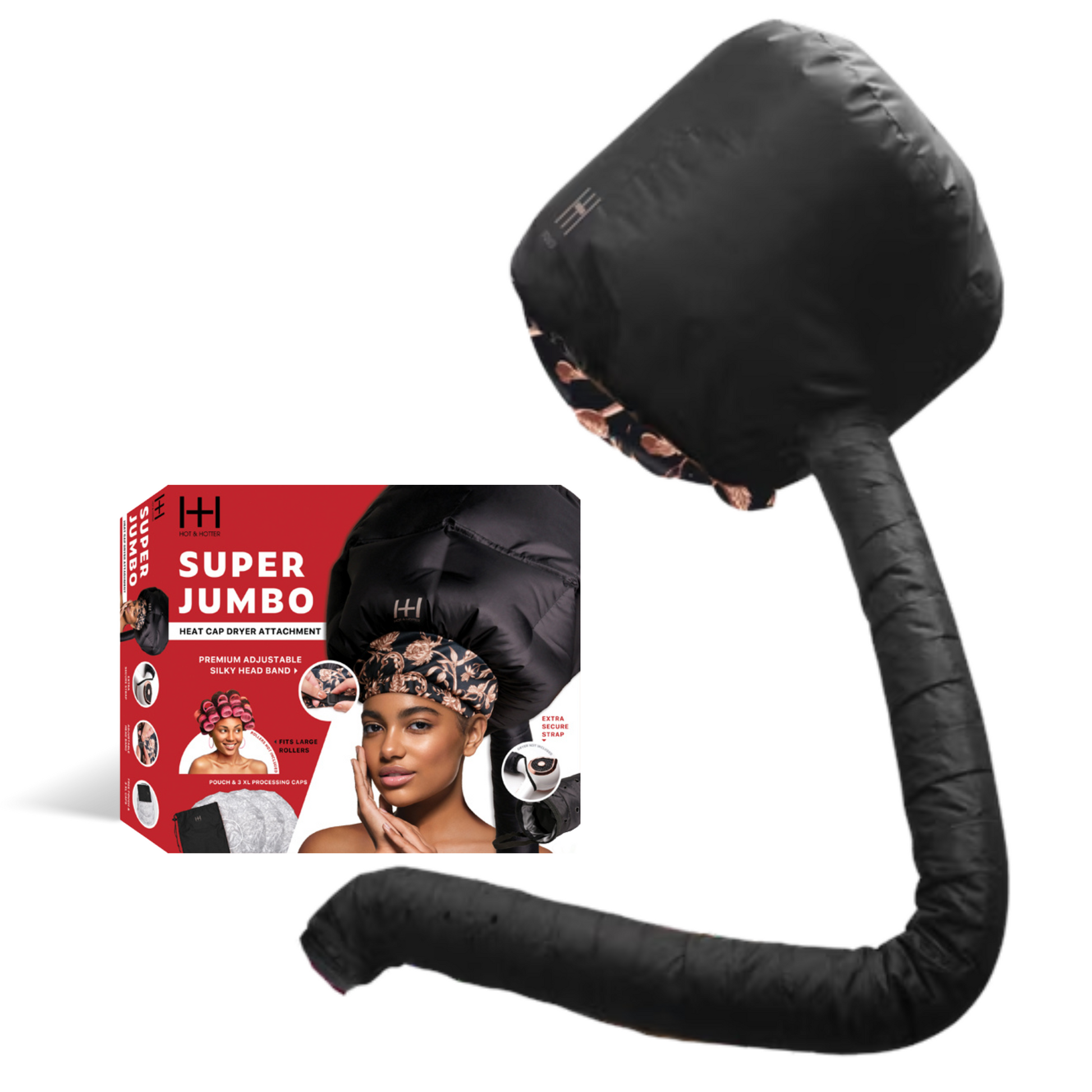 Hot & Hotter Super Jumbo Heat Cap Dryer Attachment in black with adjustable silky headband and extra-long hose for salon use