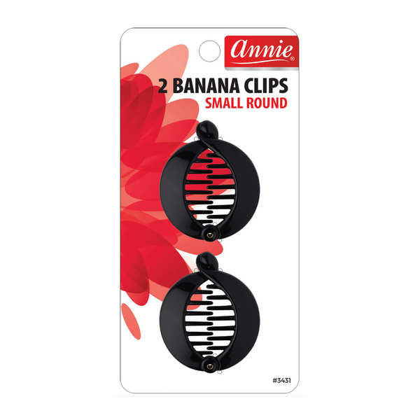 Annie Banana Clip Small Round 6.5cm 2 Count in black, secure clasp, gentle on all hair types, stylish ponytail alternative.