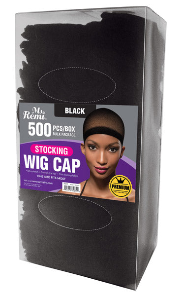 Ms. Remi Stocking Wig Cap Value Pack, 500 Count, Black featuring ultra-fine breathable stocking caps in bulk for secure, smooth fit ideal for protective styling and wig application.