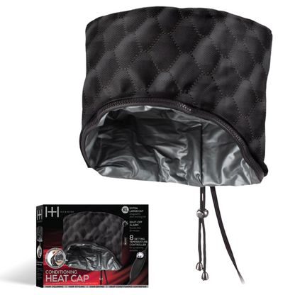 Black conditioning heat cap with packaging on a white background