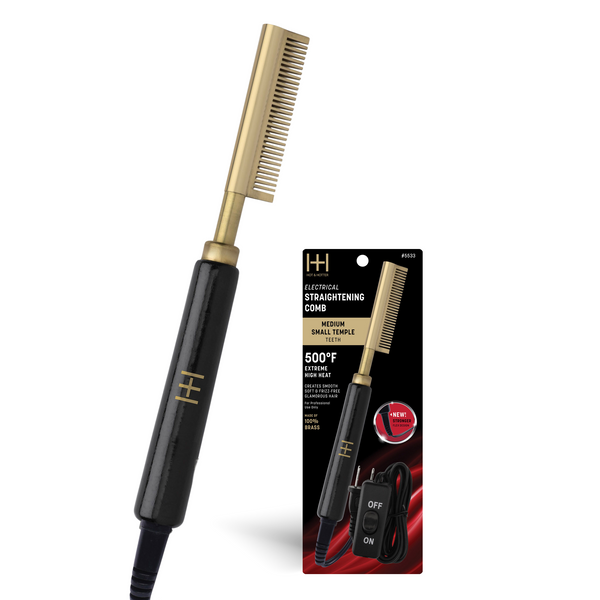 Hot & Hotter Electric Straightening Hot Comb Medium Teeth Small, black and gold, heats to 500ºF for smooth hair.