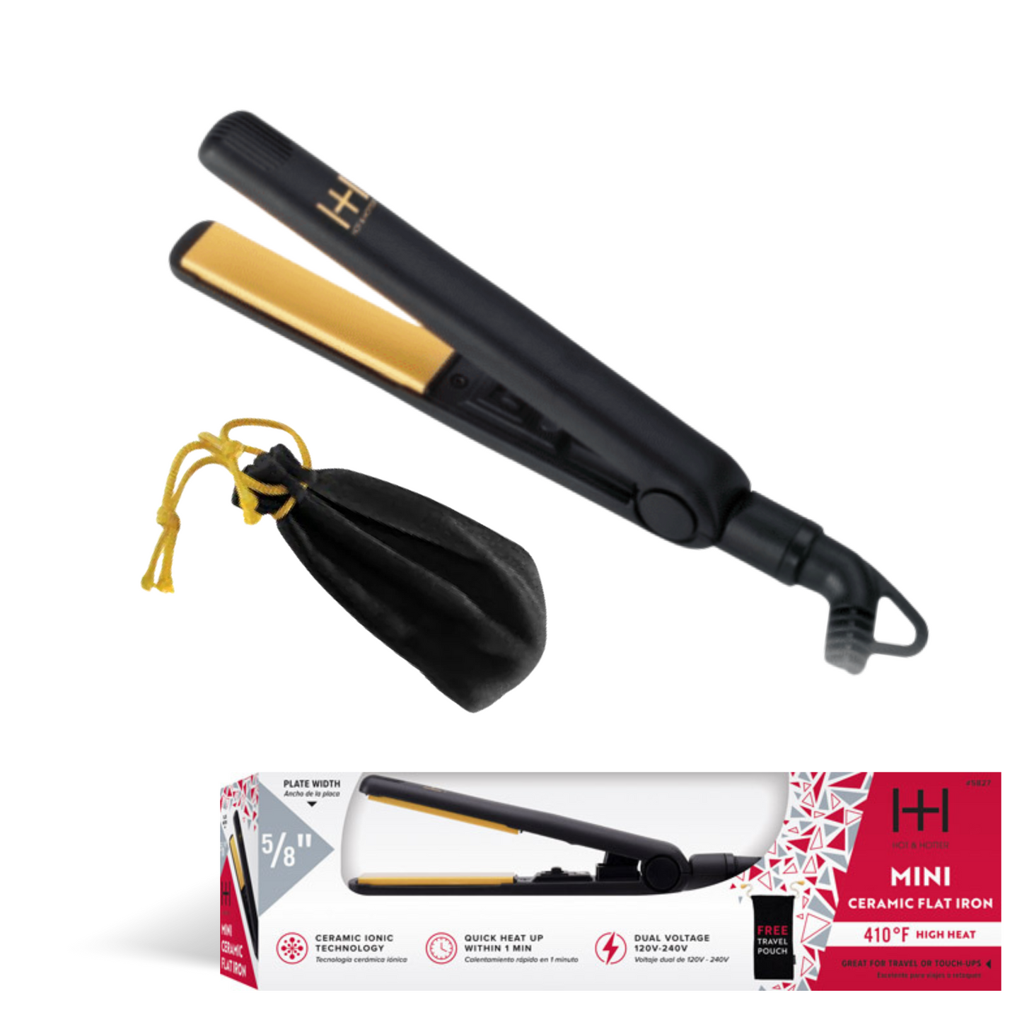 Black and gold hair straightener with packaging on a white background