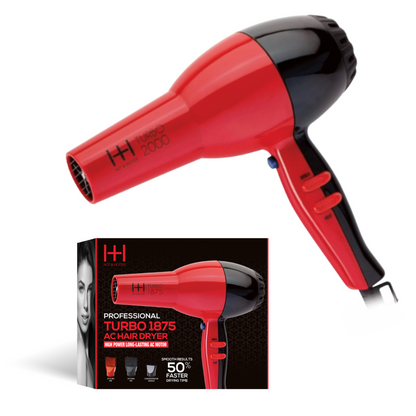 Red and black hair dryer with packaging on a white background