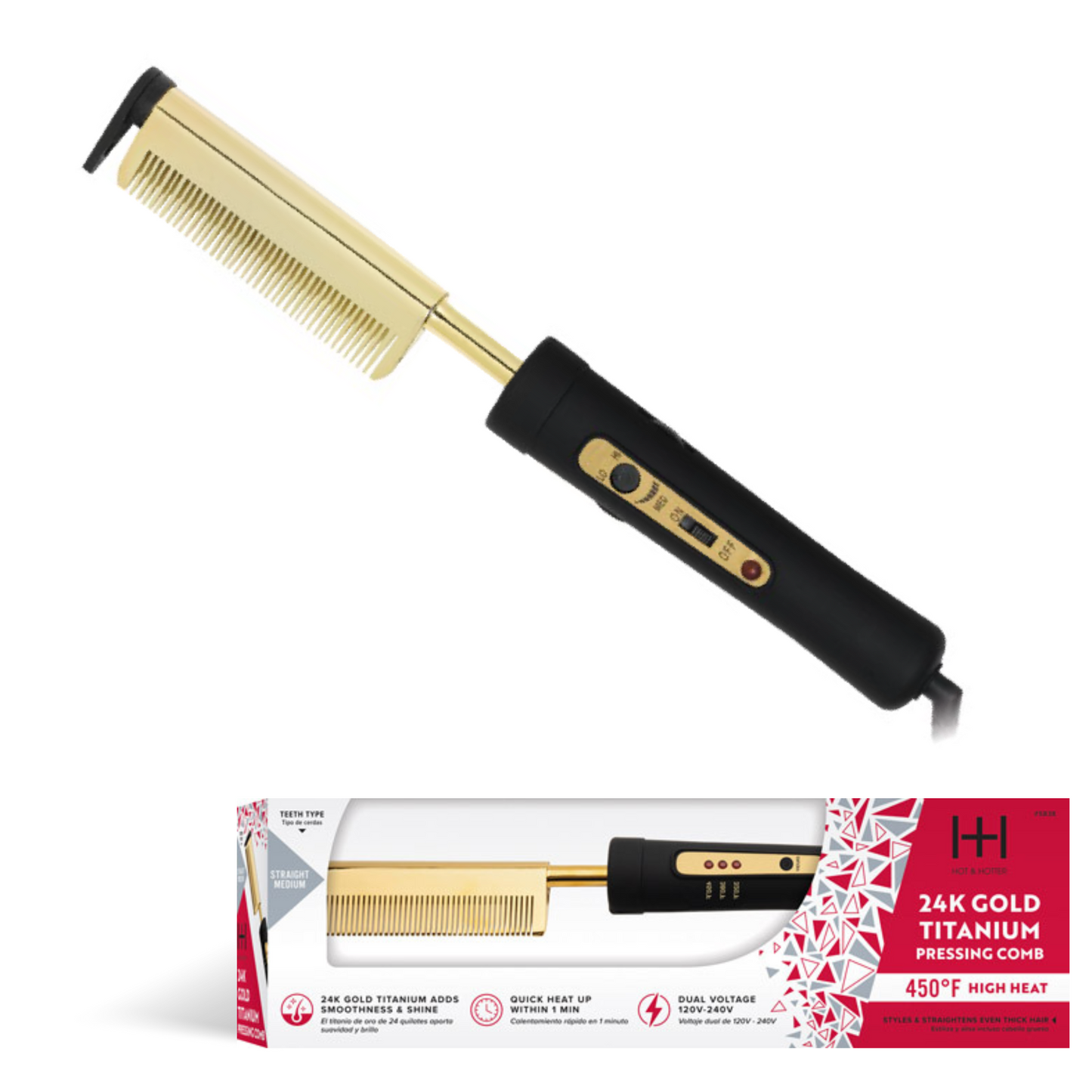24K Gold Titanium Pressing Comb with packaging on a white background