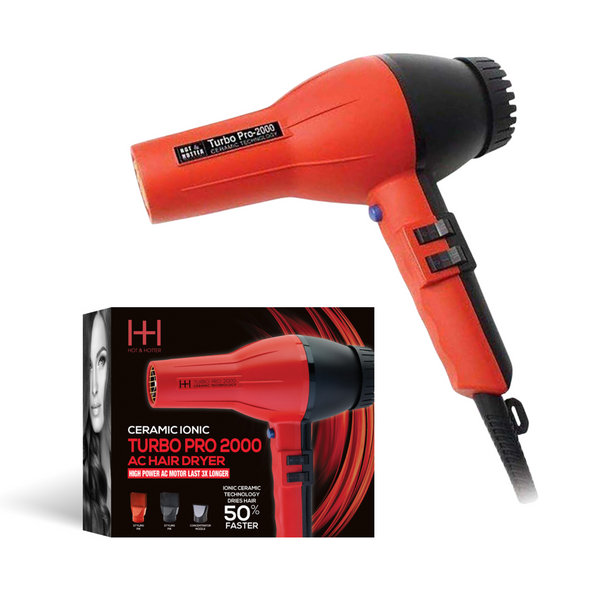 Red and black hair dryer with packaging on a white background