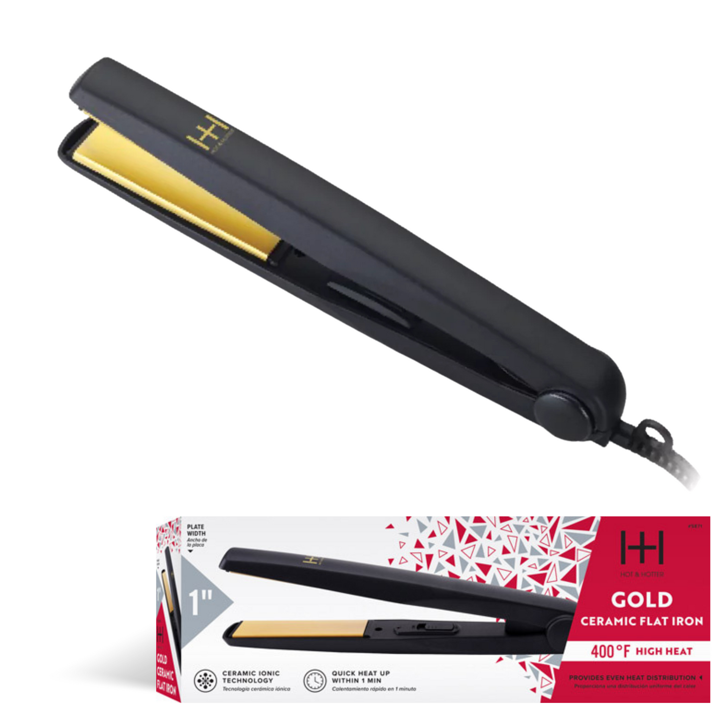 Black ceramic flat iron with gold interior and packaging on a white background