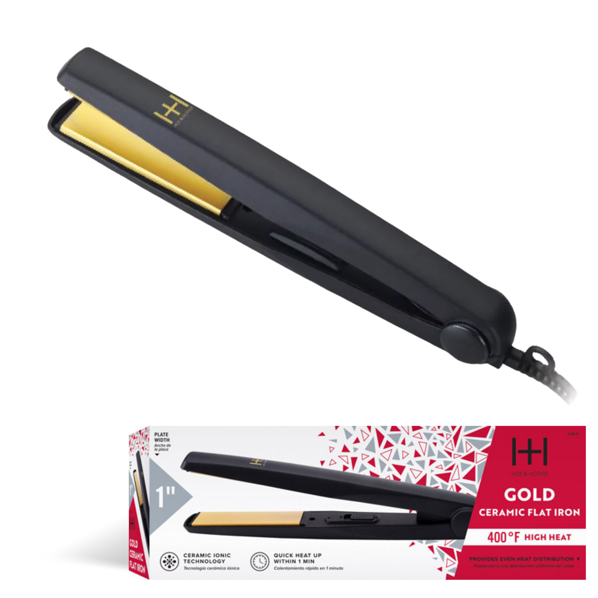 Black ceramic flat iron with gold interior and packaging on a white background