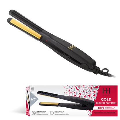 Black and gold ceramic flat iron with packaging on a white background