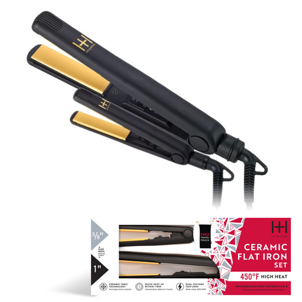 Black and gold ceramic flat iron with packaging on a white background