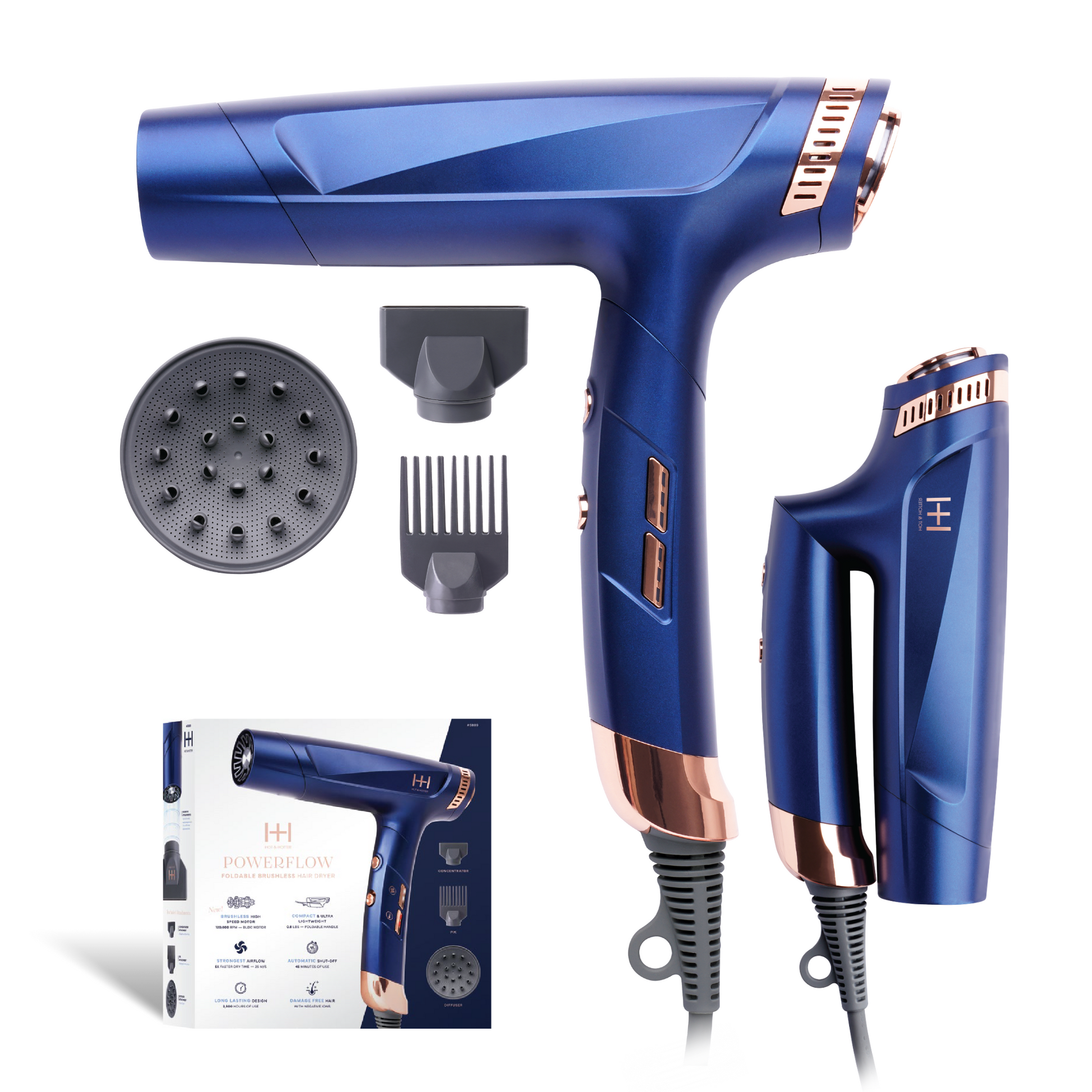 Blue Hot & Hotter Powerflow foldable brushless hair dryer with diffuser, concentrator, and styling comb attachments.