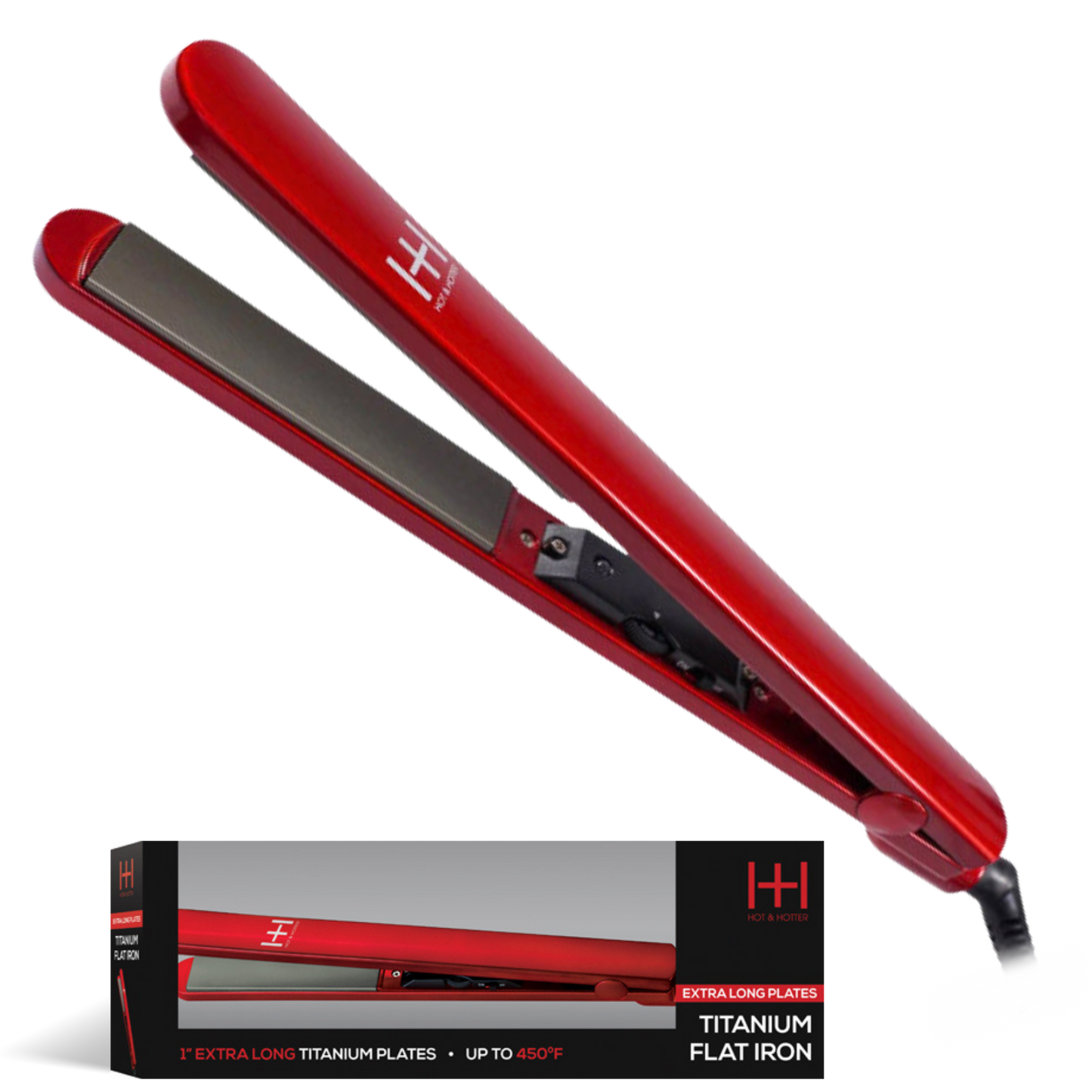 Red Hot & Hotter Extra Long Titanium Flat Iron 1 inch with digital temperature control up to 450°F for smooth styling.