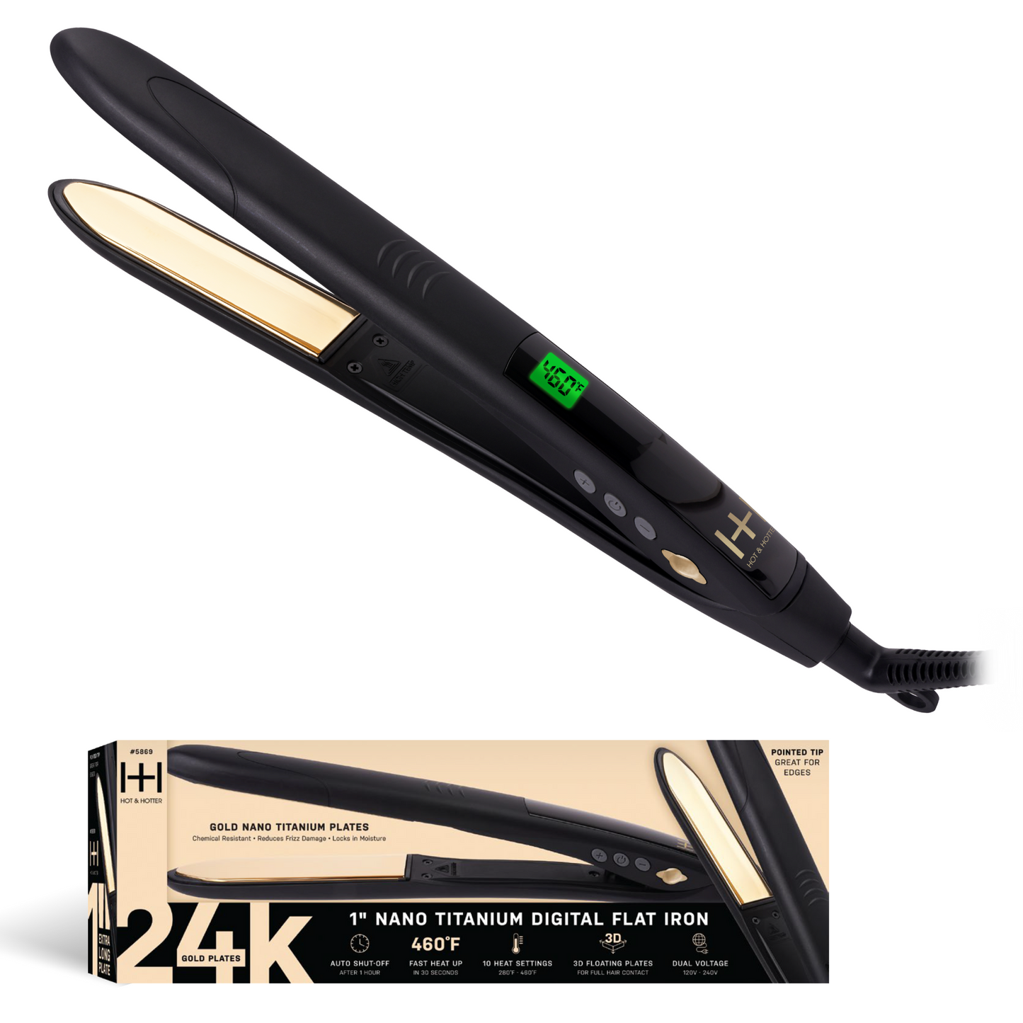 Black hair straightener with gold accents and packaging on a white background