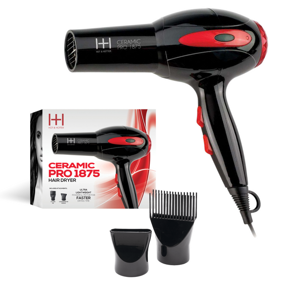 Hot & Hotter Ceramic Ionic Hair Dryer in black and red with two nozzle attachments for versatile styling and faster drying