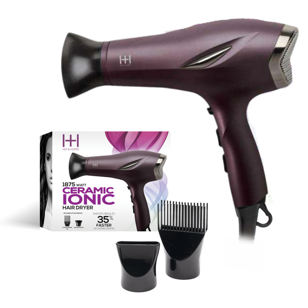 Hot & Hotter 1875 watt ceramic ionic hair dryer in plum with two nozzle attachments and packaging box shown
