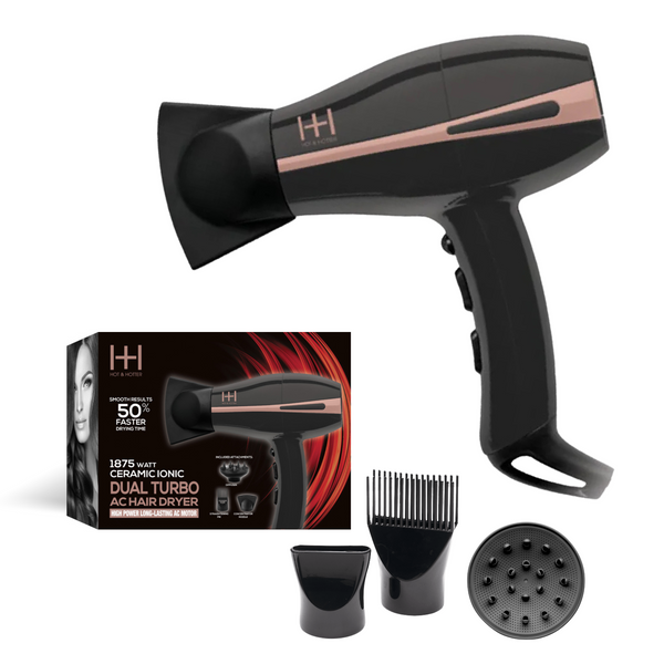 Black and rose gold hair dryer with attachments and packaging on a white background