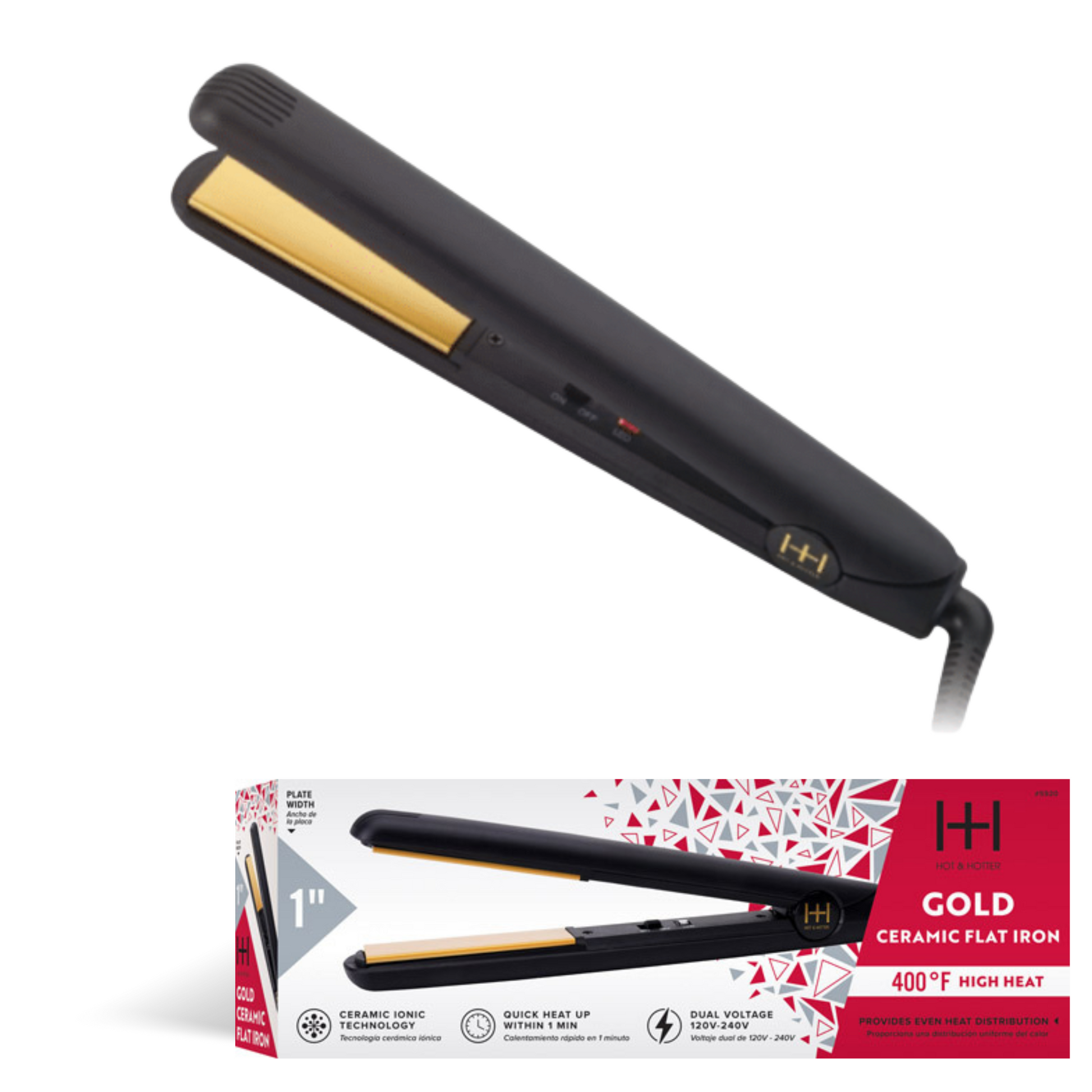 Black Hot & Hotter Gold Ceramic On/Off Flat Iron with 1-inch plates and 400°F high heat for smooth, frizz-free styling