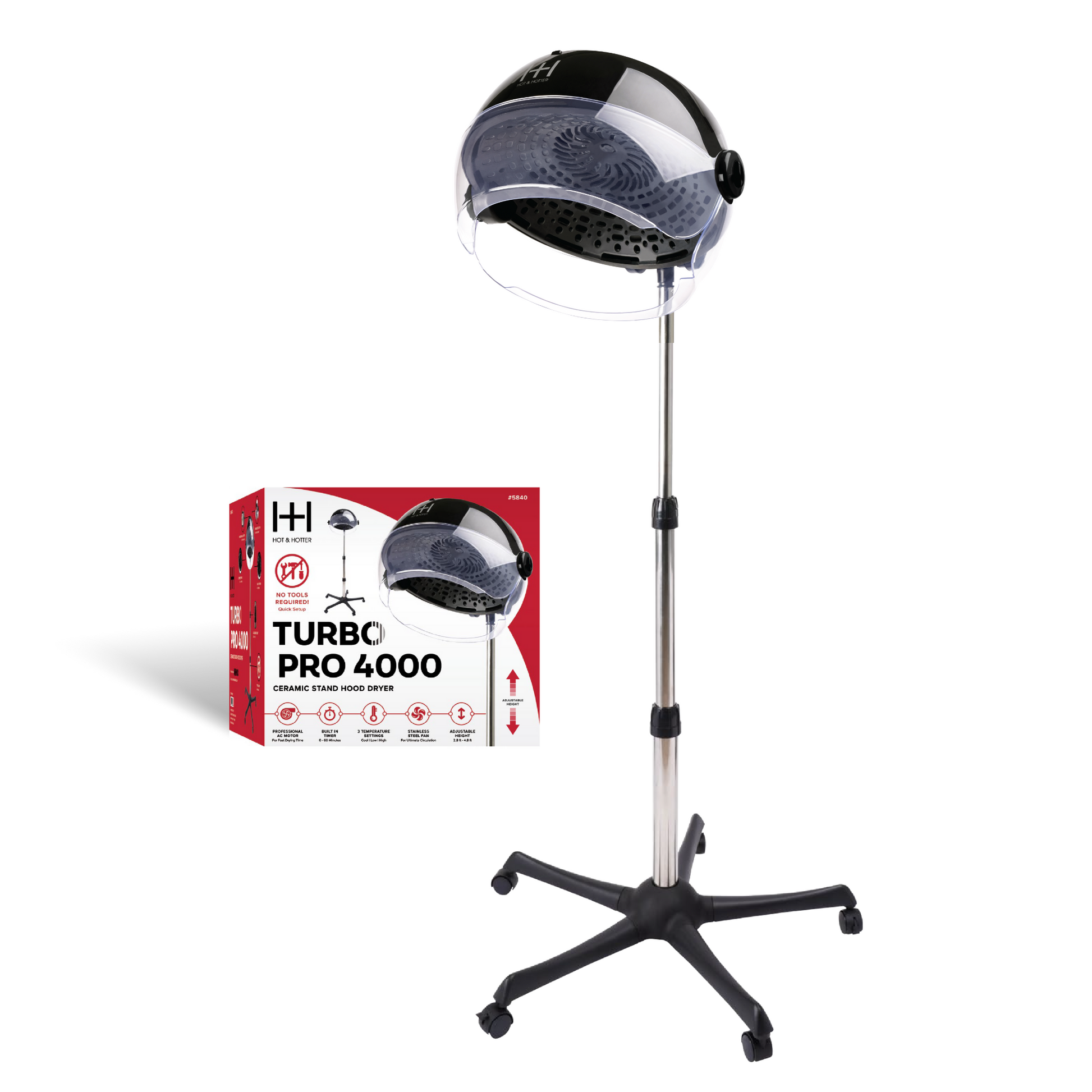 Black Hot & Hotter Ceramic Turbo Pro 4000 hood dryer on adjustable stand with wheels and matching product box beside it