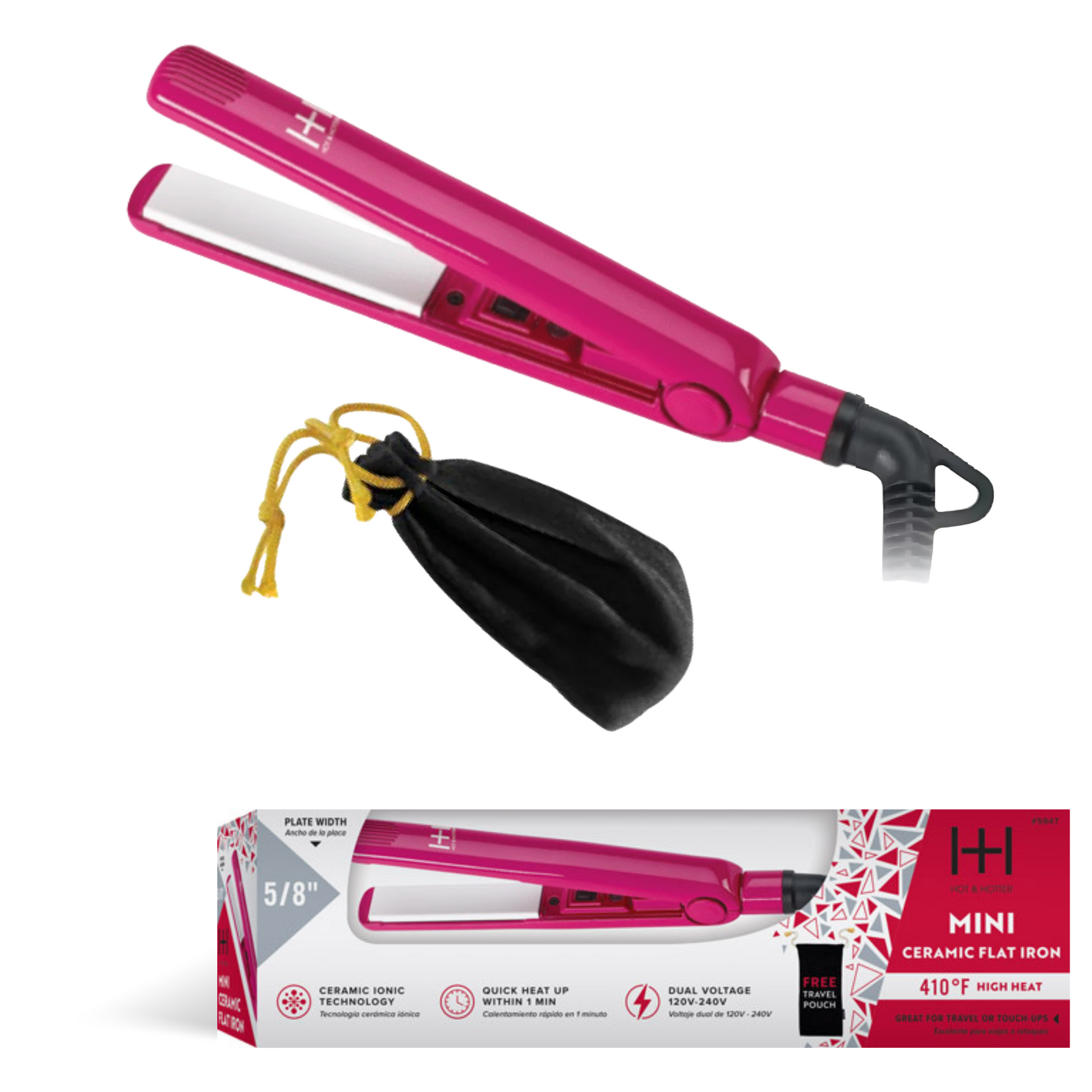 Hot & Hotter Pink Ceramic Flat Iron Mini 5/8 inch with travel pouch, quick heat up, and dual voltage for smooth styling