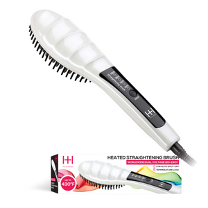 White Hot & Hotter Heated Straightening Brush with digital display, heat settings up to 430°F, and black bristles.