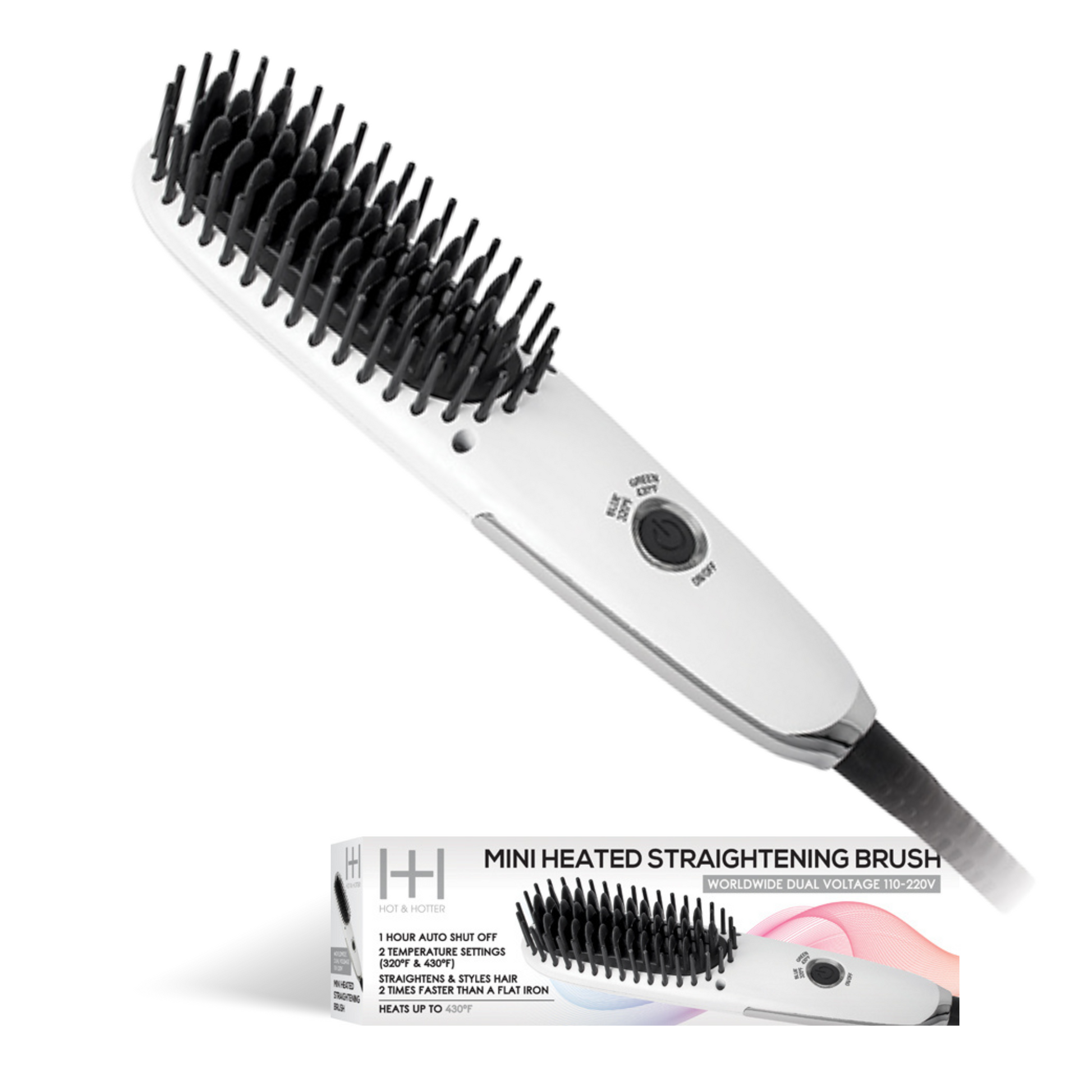 White Hot & Hotter Mini Heated Straightening Brush with black bristles and temperature control button for quick styling