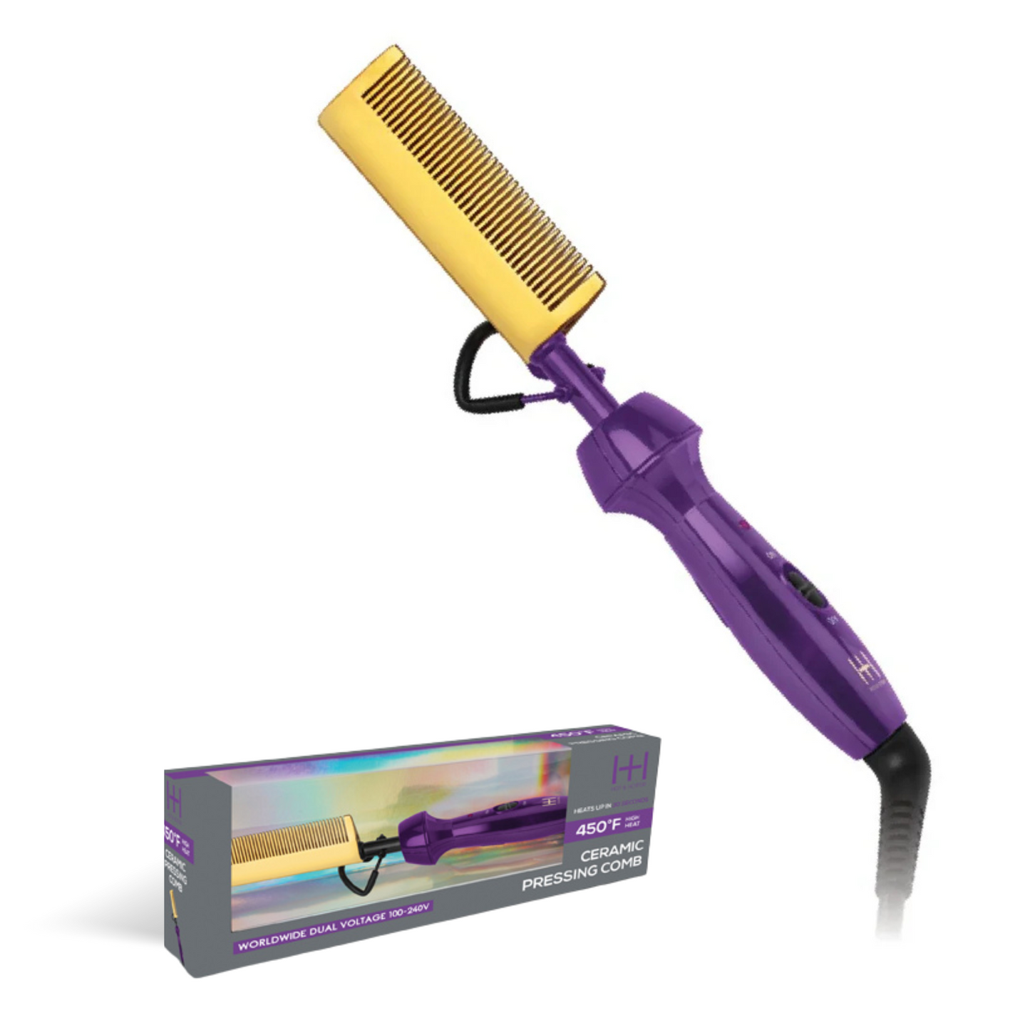 Purple Hot & Hotter electric ceramic pressing hot comb with yellow teeth and 450°F digital temperature display, 1 count packaging.