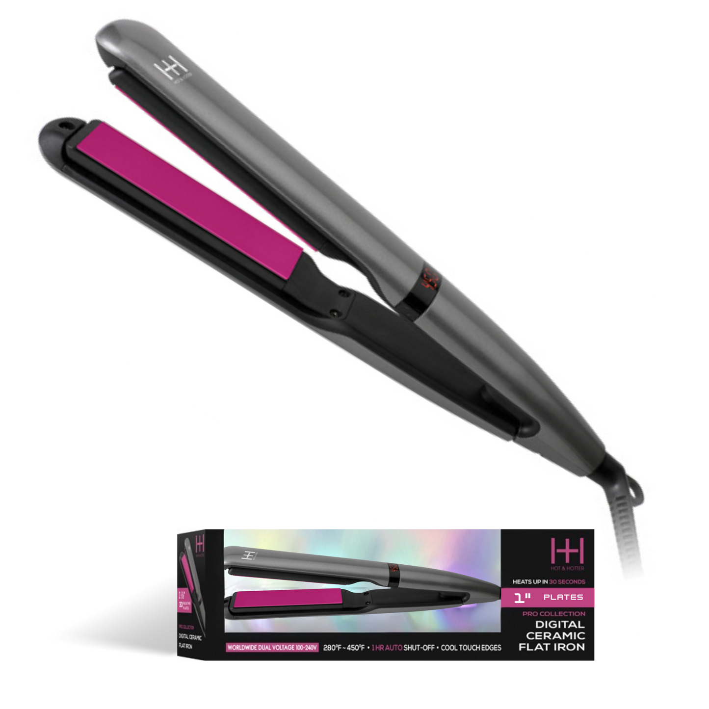 Hot & Hotter 3D Floating Plates Digital Ceramic Flat Iron 1-inch, black and pink with digital temperature display and sleek design