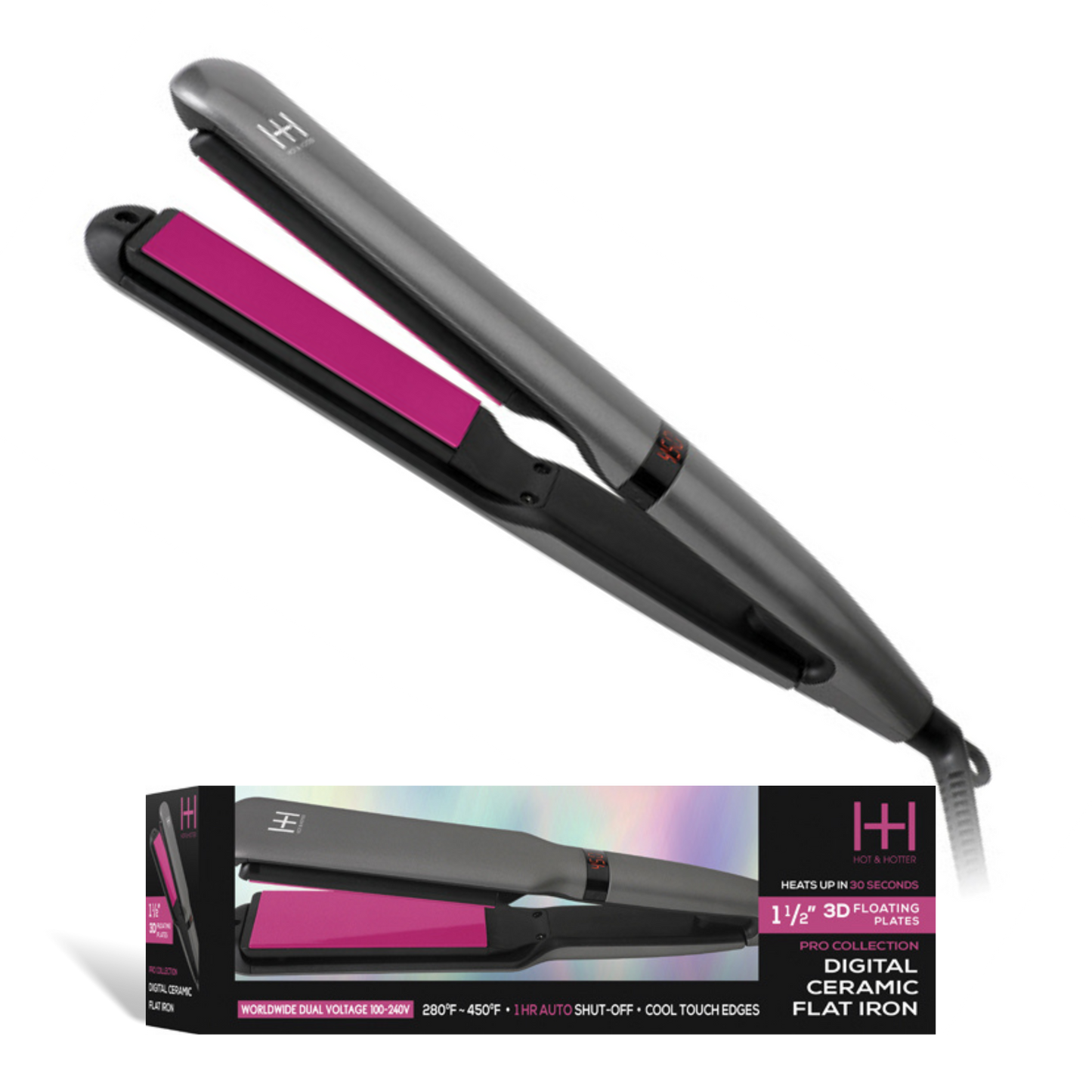 Hot & Hotter 3D Floating Plates Digital Ceramic Flat Iron 1½ inch with black and pink design for smooth hair styling