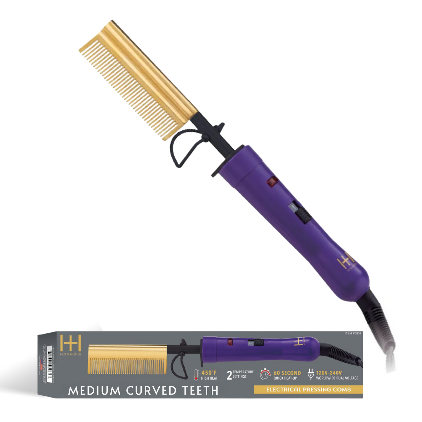Purple Hot & Hotter electric pressing hot comb with medium curved gold teeth and adjustable temperature control