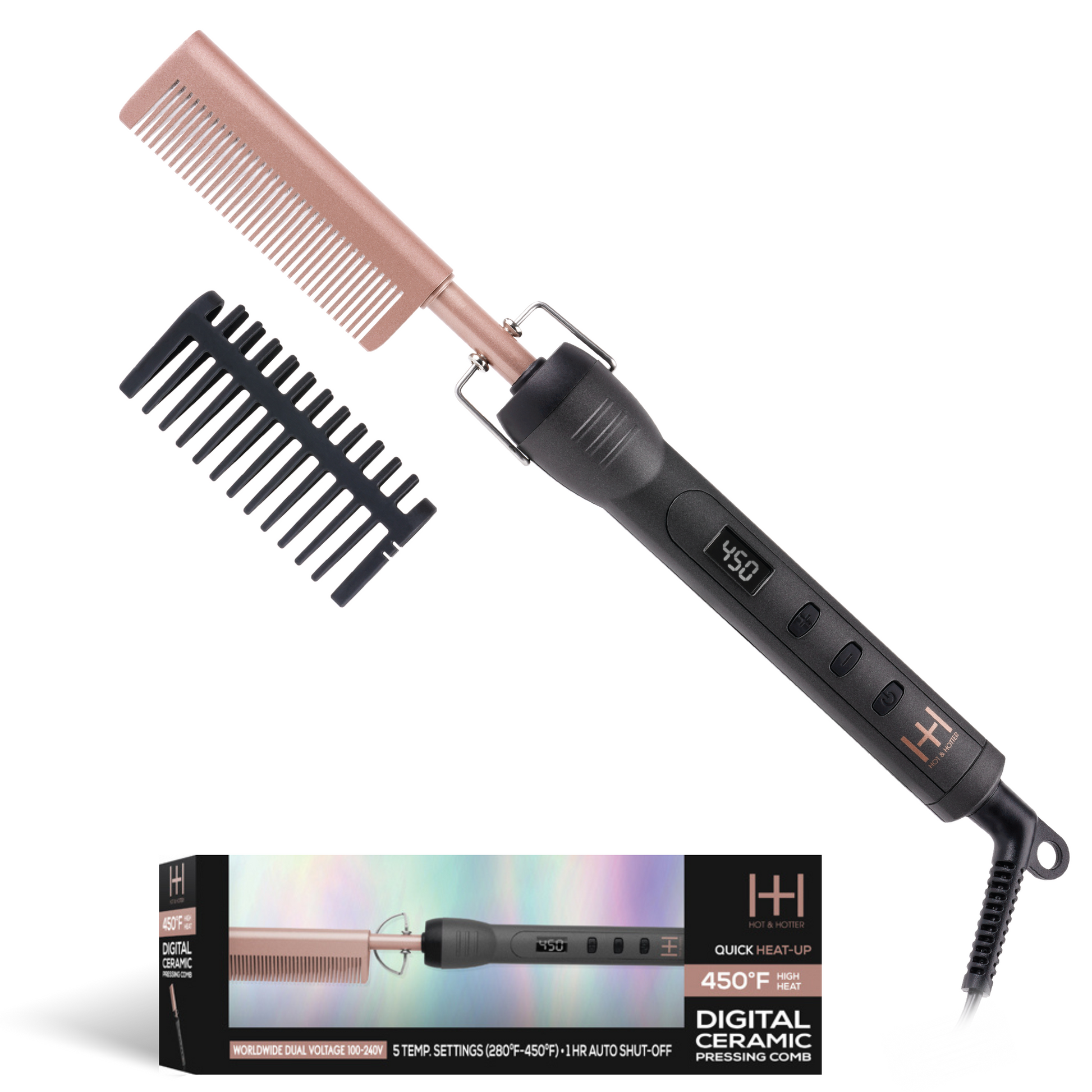 Hot & Hotter Digital Ceramic Pressing Hot Comb with 450°F temperature display and detachable rose gold comb attachment