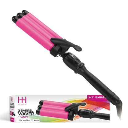 Hot & Hotter 3 Barrel Waver Curling Iron with 3/4 inch pink ceramic barrels and black handle with adjustable heat up to 430°F
