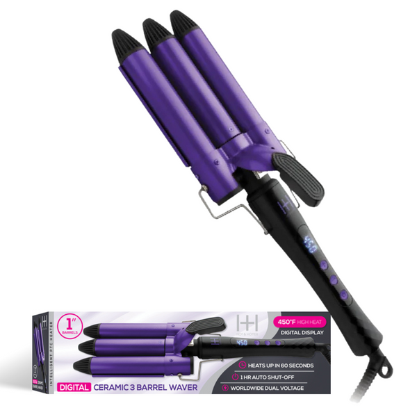 Hot & Hotter Digital Ceramic 3 Barrel Waver 1 inch with 450°F heat, digital display, and quick heat-up feature in purple