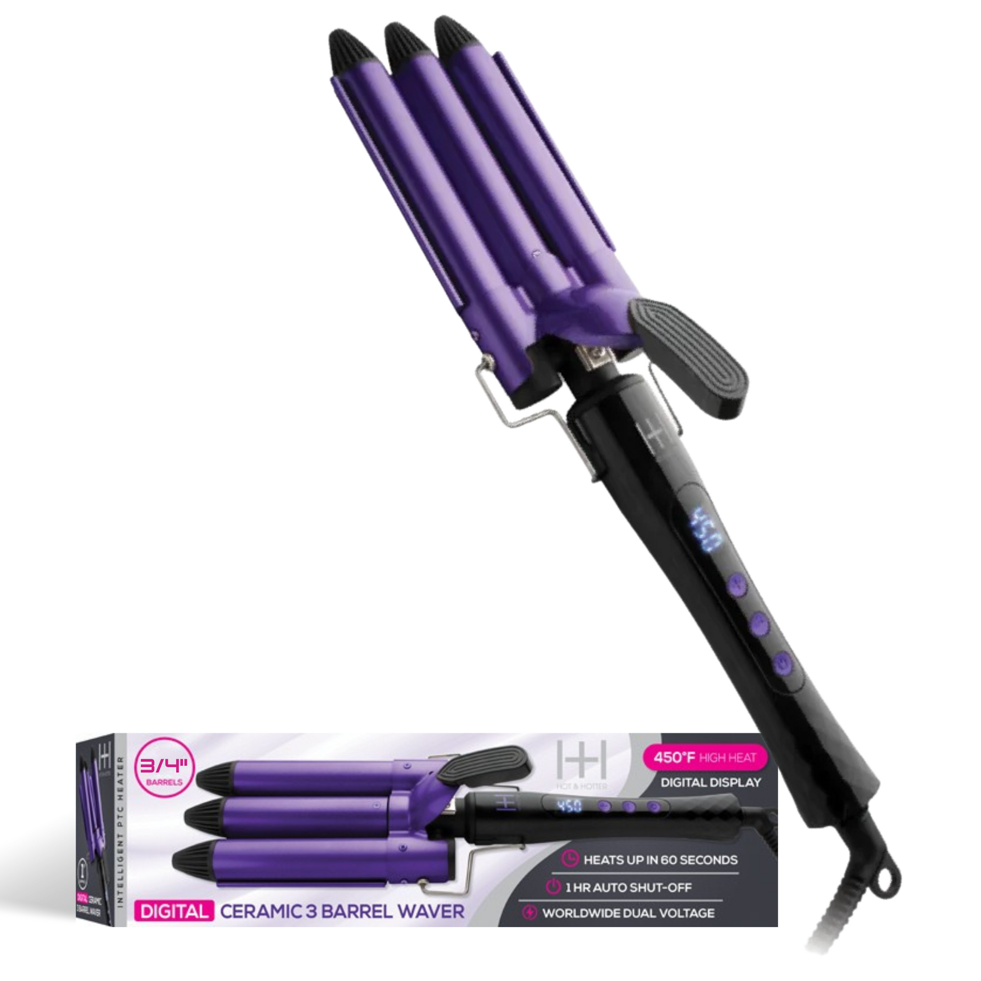 Hot & Hotter Digital Ceramic 3 Barrel Waver 3/4 inch with 450°F digital display and fast 60-second heat-up in purple
