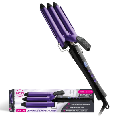 Hot & Hotter Digital Ceramic 3 Barrel Waver 3/4 inch with 450°F digital display and fast 60-second heat-up in purple